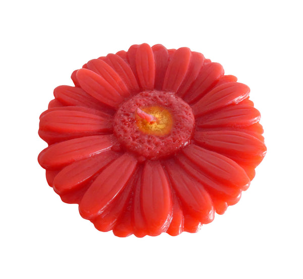 Red gerbera shaped ornamental flower candle, artisan handmade, height 6 cm 2.36", diameter 10 cm 3.94", burn time 20h.