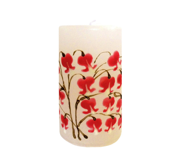 Hand painted ornamental candle, white with red heart flower, height 12 cm 4.72”, diameter 7 cm 2.76”, burn time 50 hours.