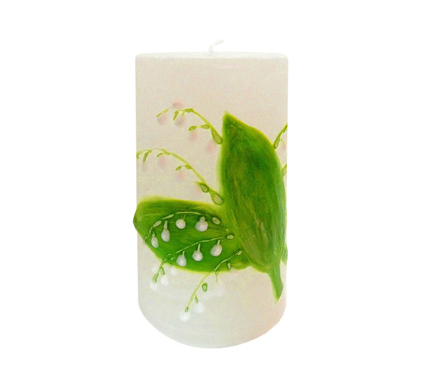 Hand painted ornamental candle, lily of the valley, height 12 cm 4.72”, diameter 7 cm 2.76”, burn time 50 hours.