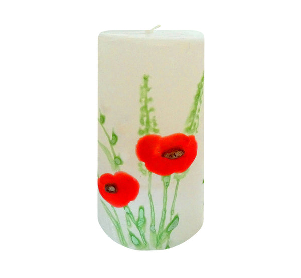 Hand painted ornamental candle poppy, height 12 cm 4.72”, diameter 7 cm 2.76”, burn time 50 hours.