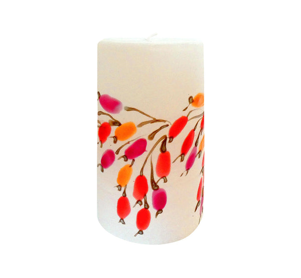 Hand painted ornamental candle rose hip, height 12 cm 4.72”, diameter 7 cm 2.76”, burn time 50 hours.