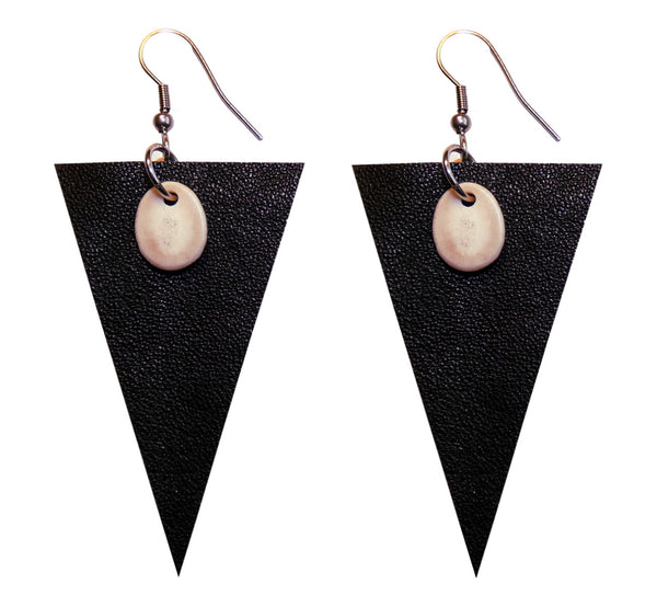Pair of black triangle leather earrings with slice of reindeer antler, ethically handmade.