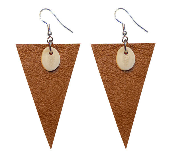 Pair of brown triangle leather earrings with slice of reindeer antler, ethically handmade.