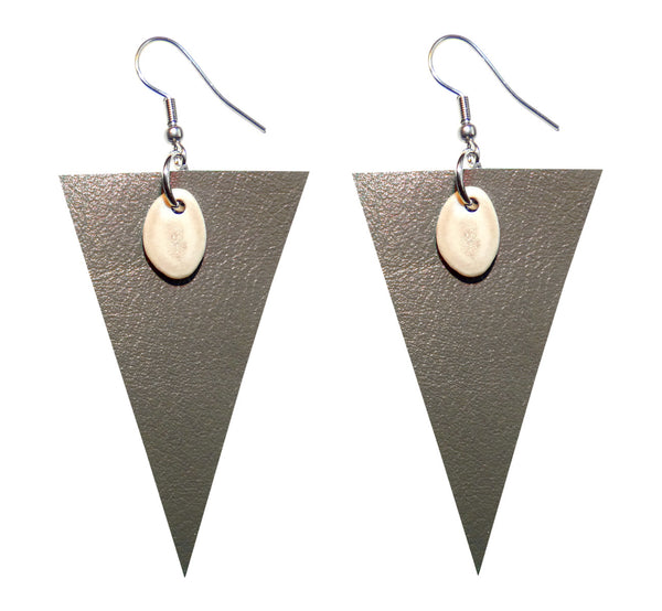 Pair of gray triangle leather earrings with slice of reindeer antler, ethically handmade.