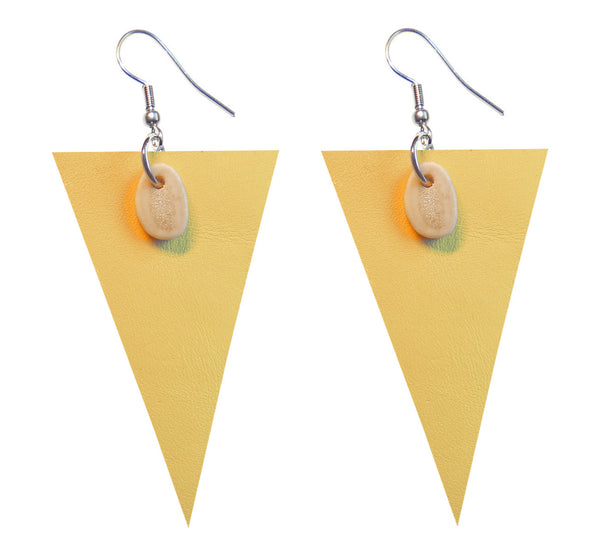 Pair of off-white triangle leather earrings with slice of reindeer antler, ethically handmade.