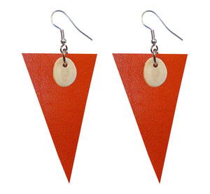 Pair of orange triangle leather earrings with slice of reindeer antler, ethically handmade.