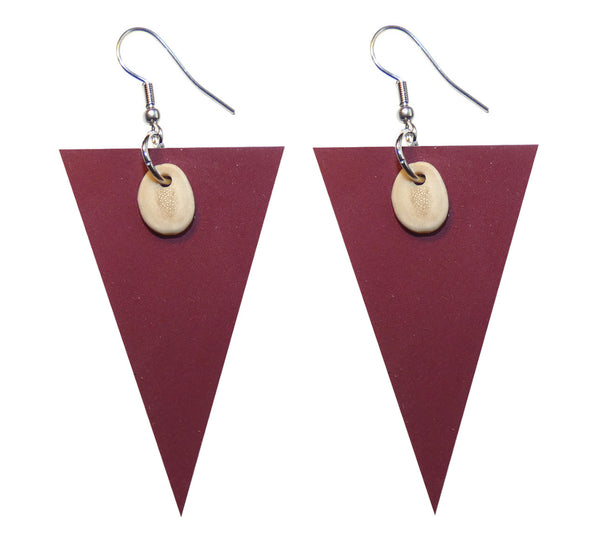 Pair of violet triangle leather earrings with slice of reindeer antler, ethically handmade.