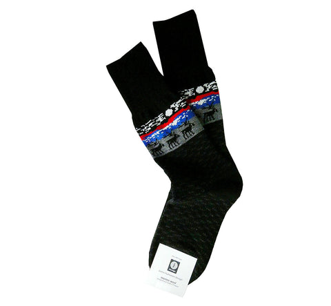Pair of black with gray merino wool socks, Lapland reindeer pattern, cuff and heel black, superwarm, resistant, ethically made in Scandinavia.