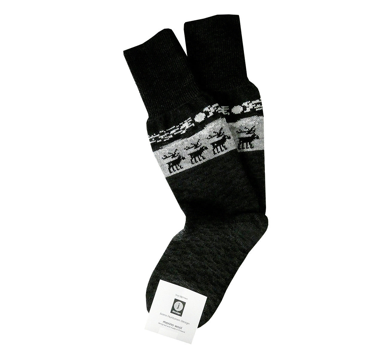 Pair of dark gray with light gray merino wool socks, Lapland reindeer pattern, superwarm, resistant, ethically made in Scandinavia.