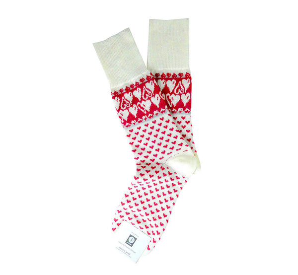 White merino wool socks with small red hearts, cuff and heel black, superwarm, ethically made in Scandinavia.