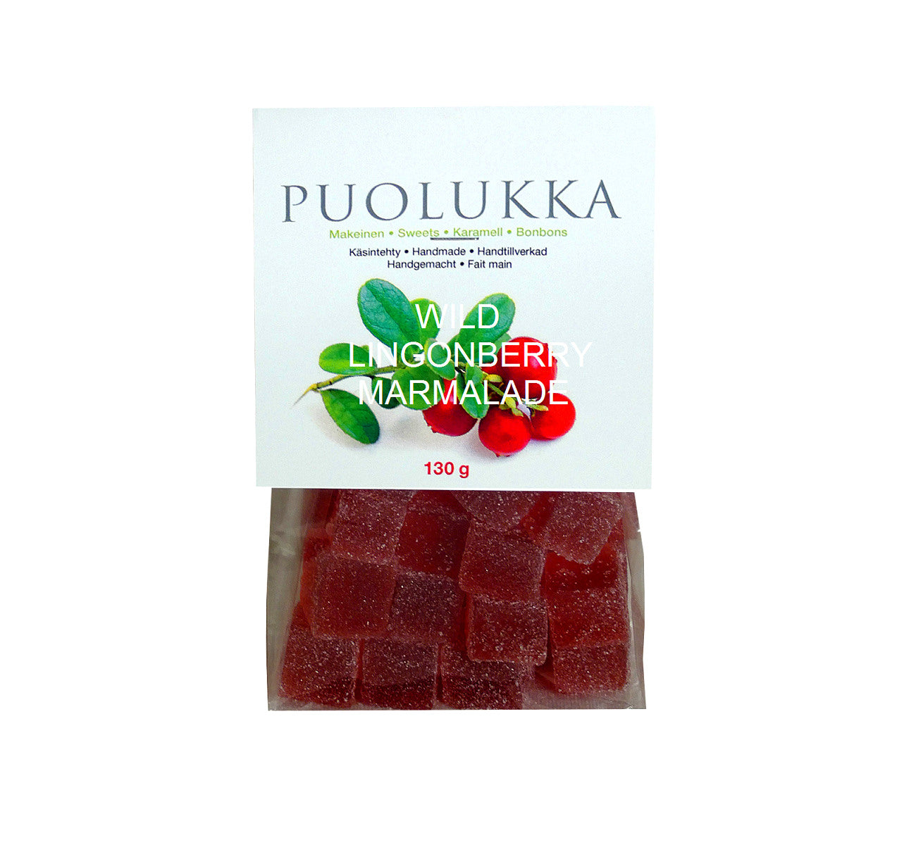 Bag of natural wild lingonberry sweets, 130 g, artisan handmade from pure wild Lapland lingonberries in Finland.