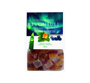 Bag of northern lights sweets, 130 g, artisan handmade from wild Lapland cloudberries and bilberries in Finland.