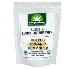 Bag of organic hulled hemp seed 250 g, high-protein and high-fiber superfood, ethically produced in Scandinavia.