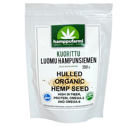 Bag of organic hulled hemp seed 250 g, high-protein and high-fiber superfood, ethically produced in Scandinavia.