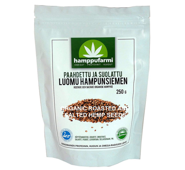 Bag of organic roasted and salted hemp seeds 250 g, delicious nutty flavor, from Finland, Scandinavia.