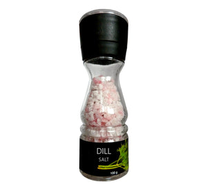 Seasoned salt grinder with handmade organic dill salt 100 g, from unpolluted nature of Lapland, Finland.