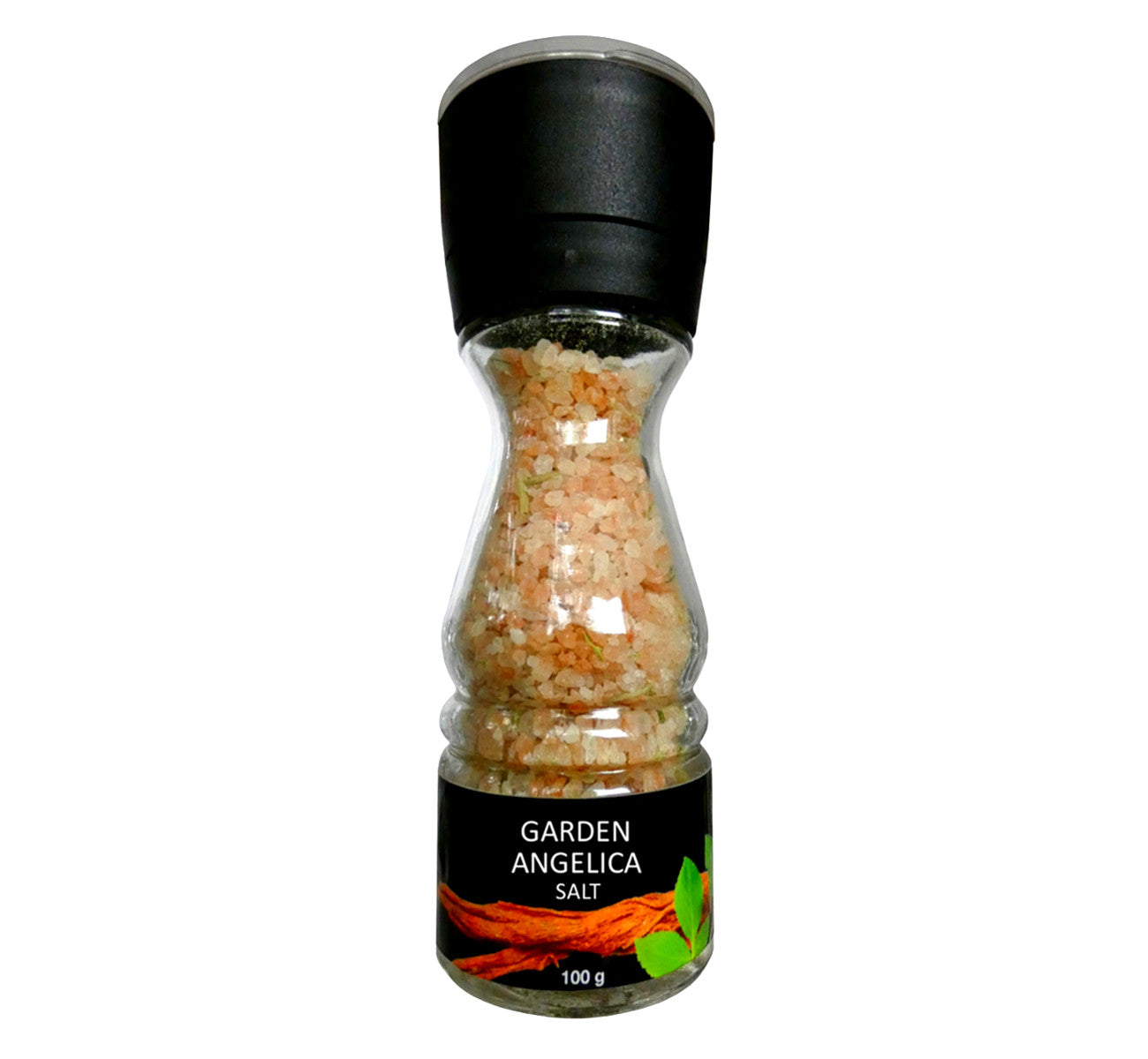 Seasoned salt grinder with handmade organic garden angelica salt 100 g, from unpolluted nature of Lapland, Finland.