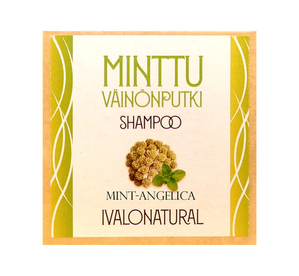 Handmade natural organic mint-angelica shampoo bar, height 2.5 cm, 0.99", diameter 5 cm, 1,97". In a box.