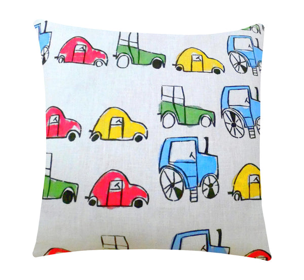 Decorative pillow case, hand printed, colorful cars on white linen fabric, 45 cm, 17.72", artisan handmade.