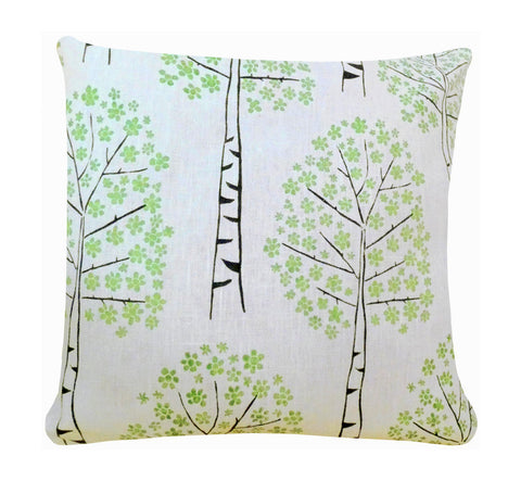 Decorative pillow case, hand printed birch trees, green black trees on white fabric, 45 cm, 17.72", artisan handmade.