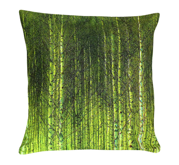 Green throw pillow case forest landscape, Scandinavian birch trees, 45 cm 17.72", artisan made. 