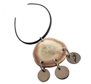 Reindeer antler necklace with three small round metal plates and suede cord, antler part 3.0–4.0 cm, 1.18–1.57", plates 1.0 cm, 0.39".