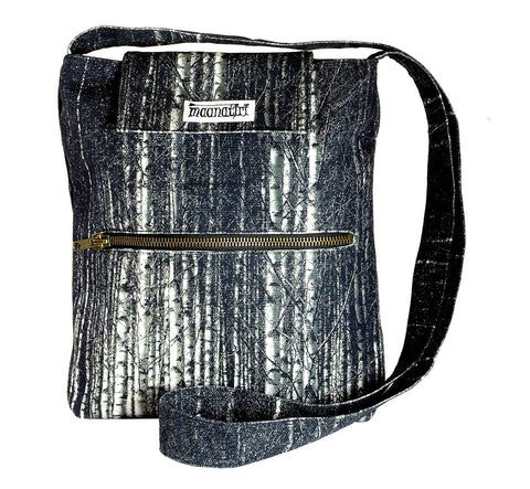Image nature textile birch forest handmade satchel with long shoulder strap, 25x28x6 cm.
