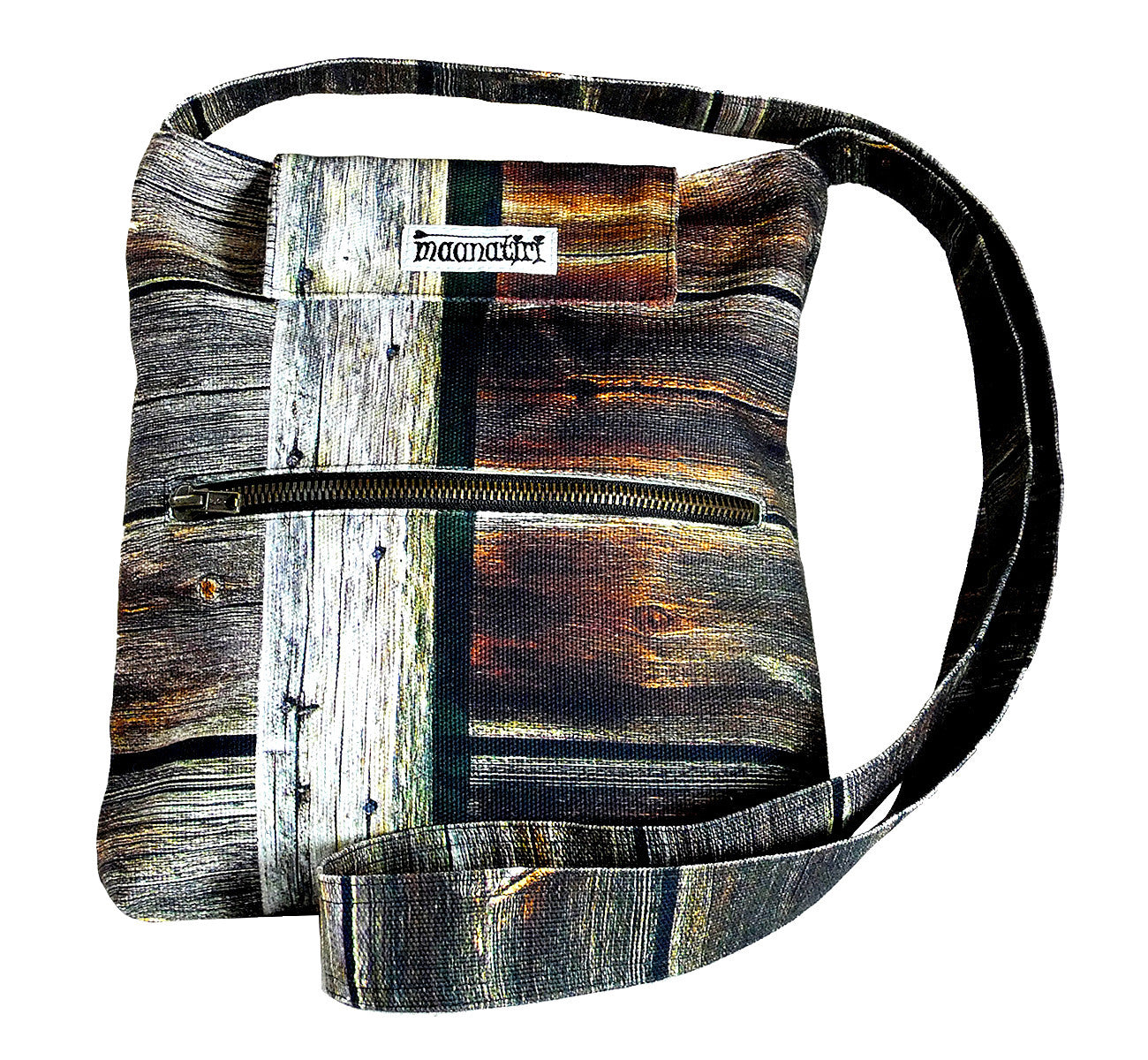 Image nature textile wood wall, handmade satchel with long shoulder strap, 25x28x6 cm.