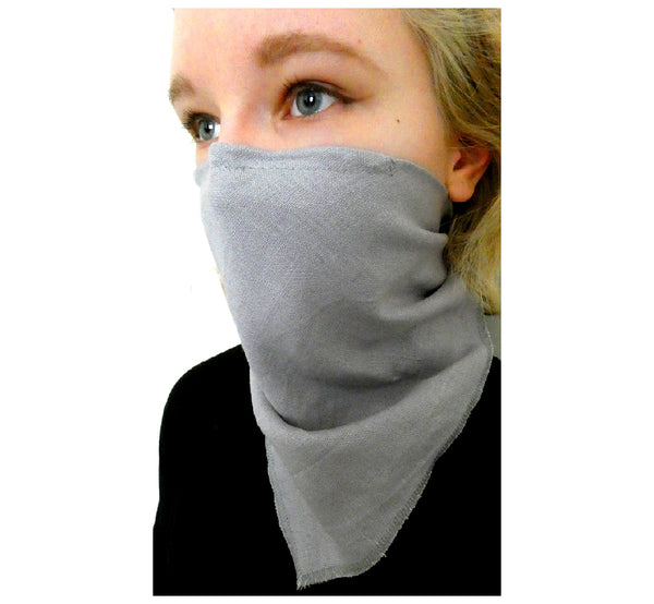 Woman wearing linen grey scarf face mask , reusable washable handmade, 20x15 cm, 7,87x5,91", right side.
