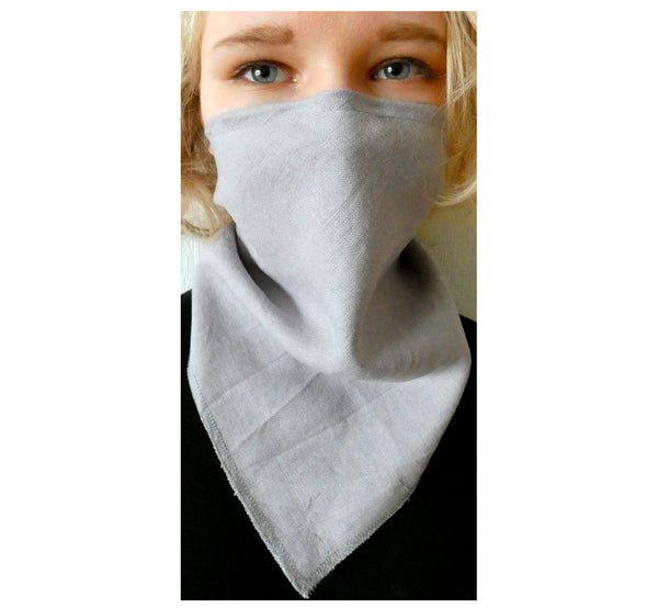 Woman wearing linen grey scarf face mask , reusable washable handmade, 20x15 cm, 7,87x5,91", front.