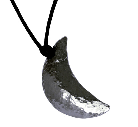 Mythology silver half moon necklace, 6.0 cm, 2.36", black suede cord max. 47 cm, 18.5", made in Finland.