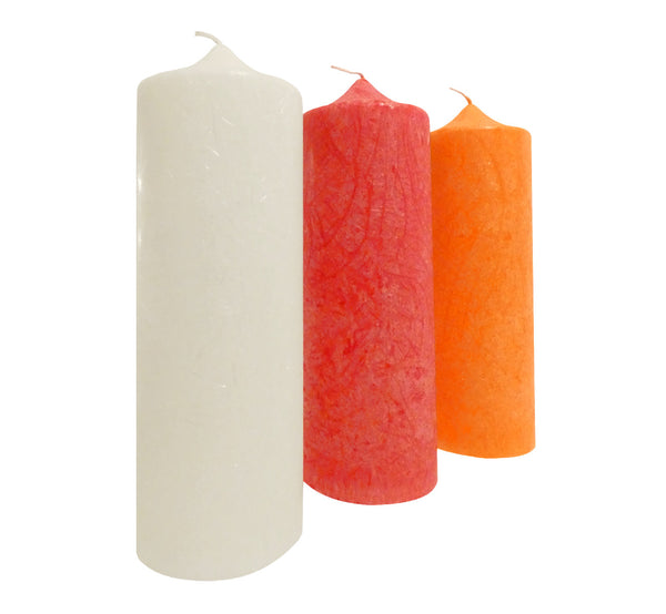 Three tall vegan pillar candles, white, red and orange, long burn time 80 hour, height 21 cm 8.27”, diameter 7 cm 2.76”, handmade.