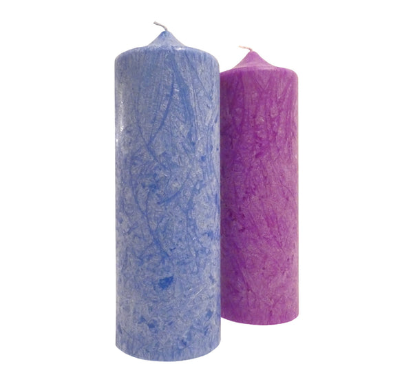 Two tall vegan pillar candles, blue and violet, long burn time 80 hour, height 21 cm 8.27”, diameter 7 cm 2.76”, handmade.