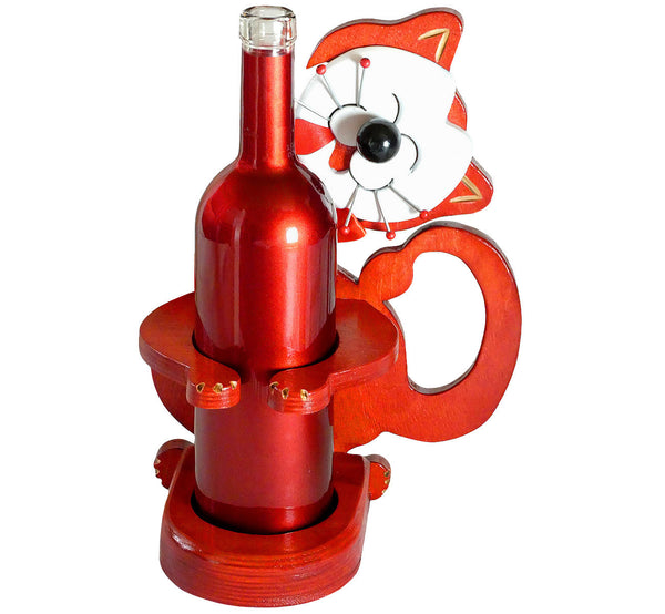 Wood red smiling cat bottle holder, 30x22 cm, 11.81x8.66”, big white happy face, artisan handmade in Finland.