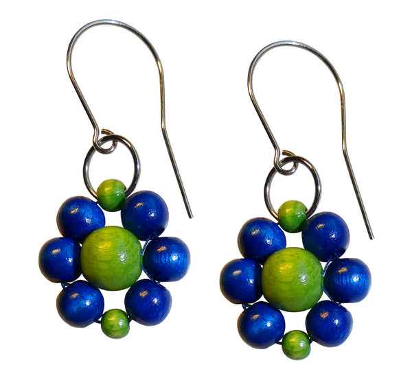 Wood flower earrings, blue and green wooden beads, flower diameter 4 cm, 1.57”, artisan handmade.