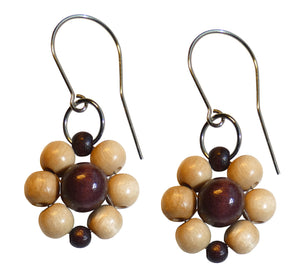 Wood flower earrings, light and dark brown wooden beads, flower diameter 4 cm, 1.57”, artisan handmade.