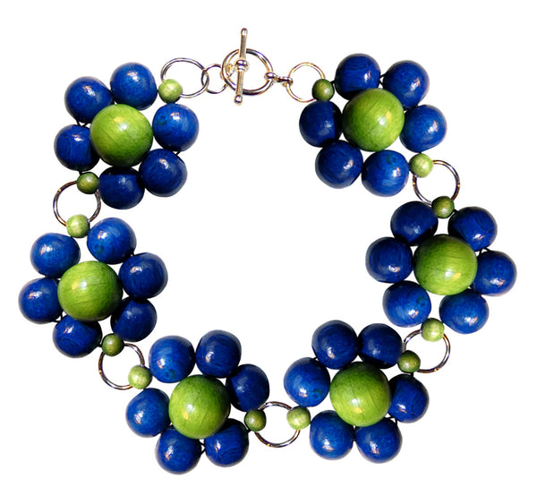 Wood flower bracelet cuff, blue wooden beads, handmade, 19.5 cm, 7,68”, flower diameter 2.4 cm, 0.95”.