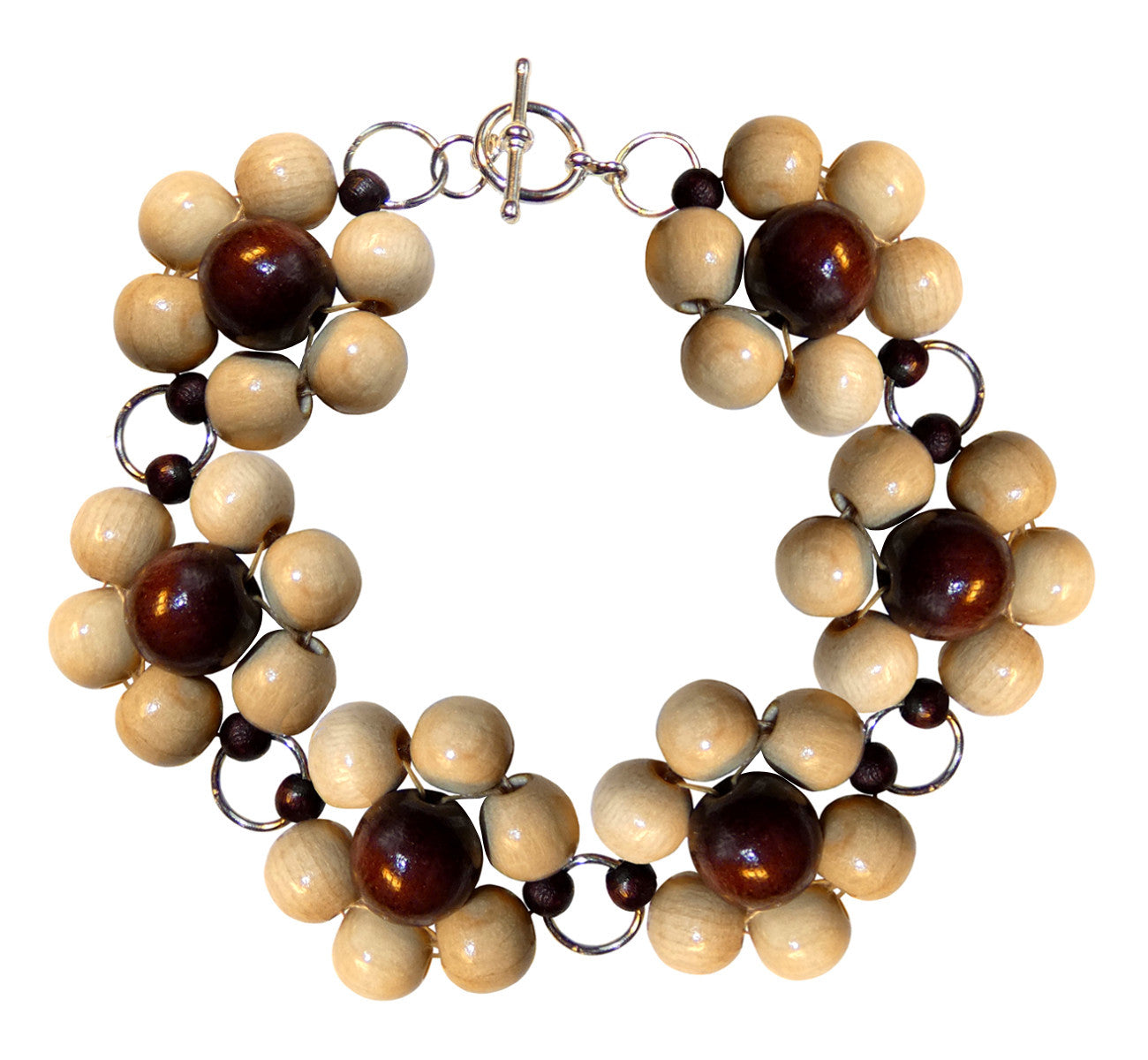 Wood flower bracelet cuff, brown wooden beads, handmade, 19.5 cm, 7,68”, flower diameter 2.4 cm, 0.95”.