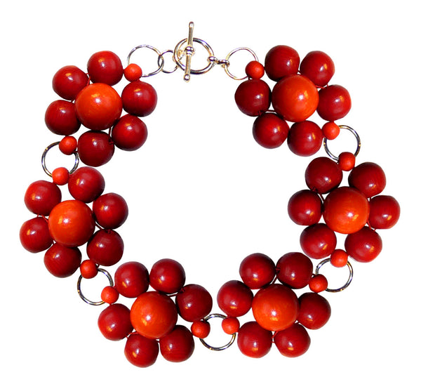 Wood flower bracelet cuff, red wooden beads, handmade, 19.5 cm, 7,68”, flower diameter 2.4 cm, 0.95”.