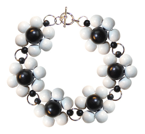 Wood flower bracelet cuff, white wooden beads, handmade, 19.5 cm, 7,68”, flower diameter 2.4 cm, 0.95”.