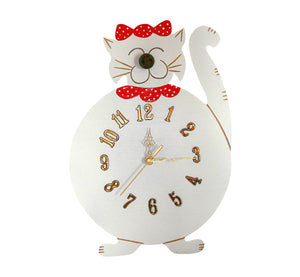 Wooden smiling happy cat wall clock, white, 30x22 cm, 11.81x8.66”, artisan handmade.