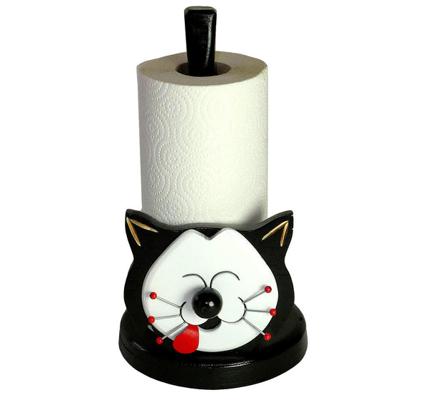 Kitchen paper holder, smiling cat, black with big white happy face, artisan handmade, scandinavian.