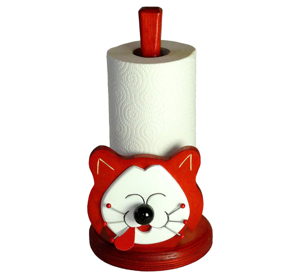 Kitchen paper holder, smiling cat, red with big white happy face, artisan handmade, scandinavian.