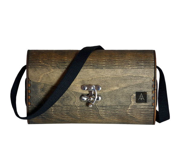 Birch plywood clutch bag, gray 24x14x8 cm. Treated with non-toxic wax, black strap, metal lock, handmade.