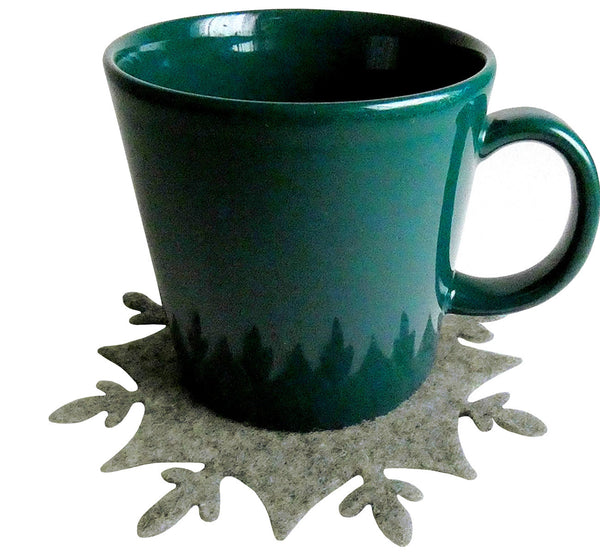 Gray wool felt Nordic style coaster snowflake, diameter 13 cm, 5,12”, with mug,  handmade.