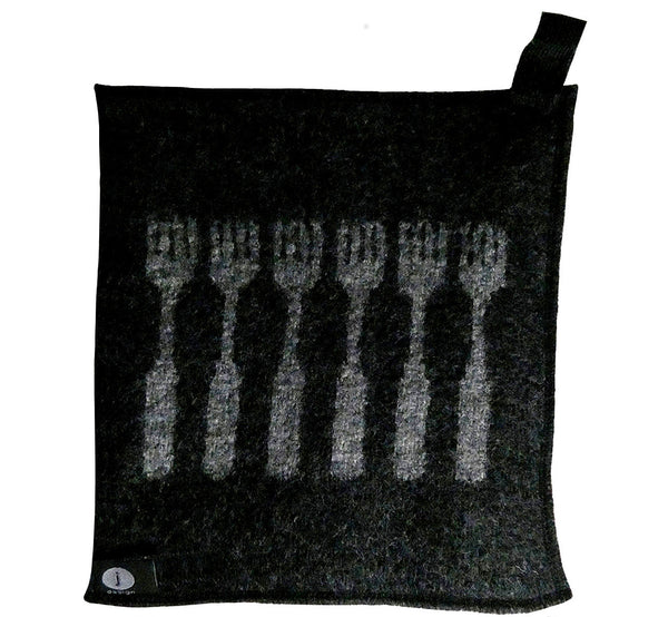 100% wool felt potholder, hot pad, black with grey forks, 22x23 cm, 8.67x9.06”, artisan handmade, soft and thick.