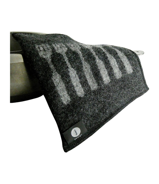 100 % wool felt potholder, black with six grey forks, 22 x 23 cm, 8.67 x 9.06”, with cooking pan, handmade in Scandinavia.