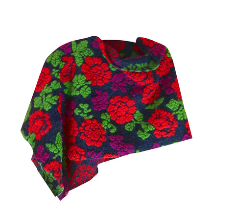 Woolen modern handmade red and violet flower embossed short cloak poncho.