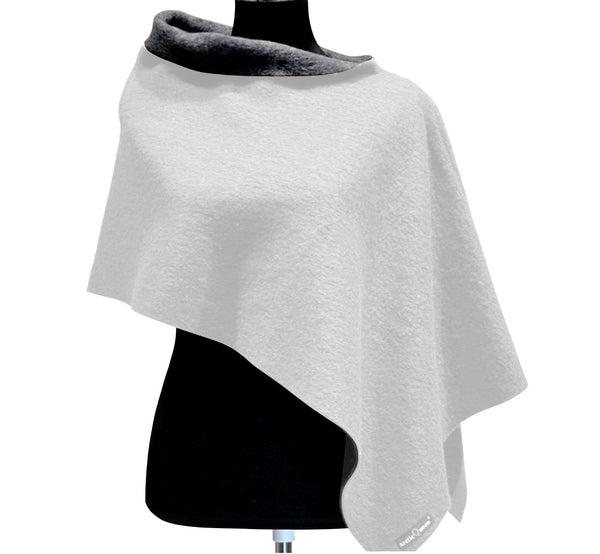 Woolen handmade short cloak poncho, white with gray inside, on model.