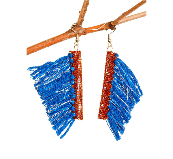 Blue wool tassel hook earrings with copper wire edge, height 4 cm, 1.57", artisan made Scandinavian.
